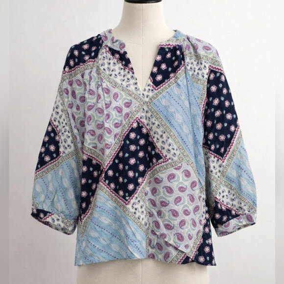 LOFT Paisley Boho Floral Patchwork Linen Blend Peasant Blouse 3/4 Raglan Sleeve - Picture 13 of 13